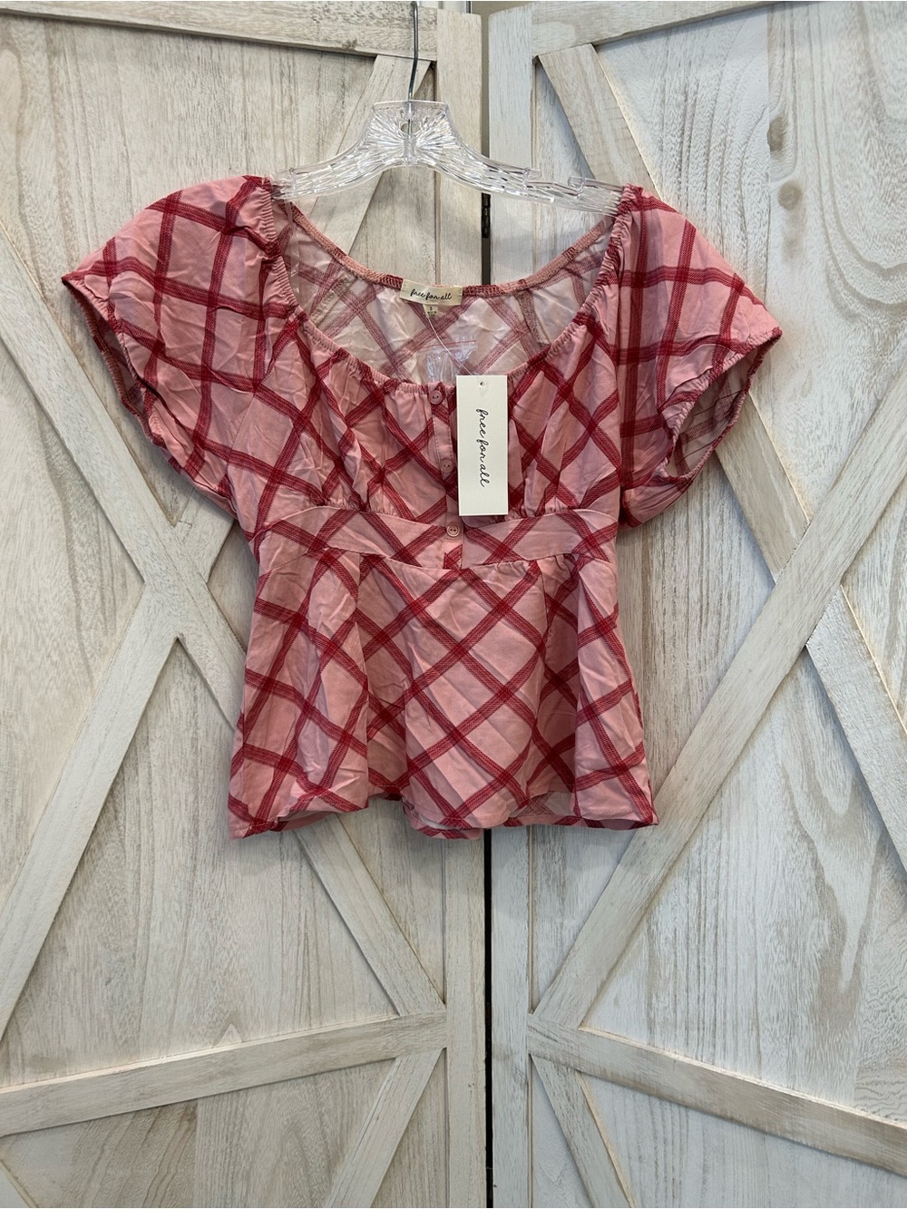 Free For All Pink & Red Plaid Short Puff Sleeve Peplum Blouse